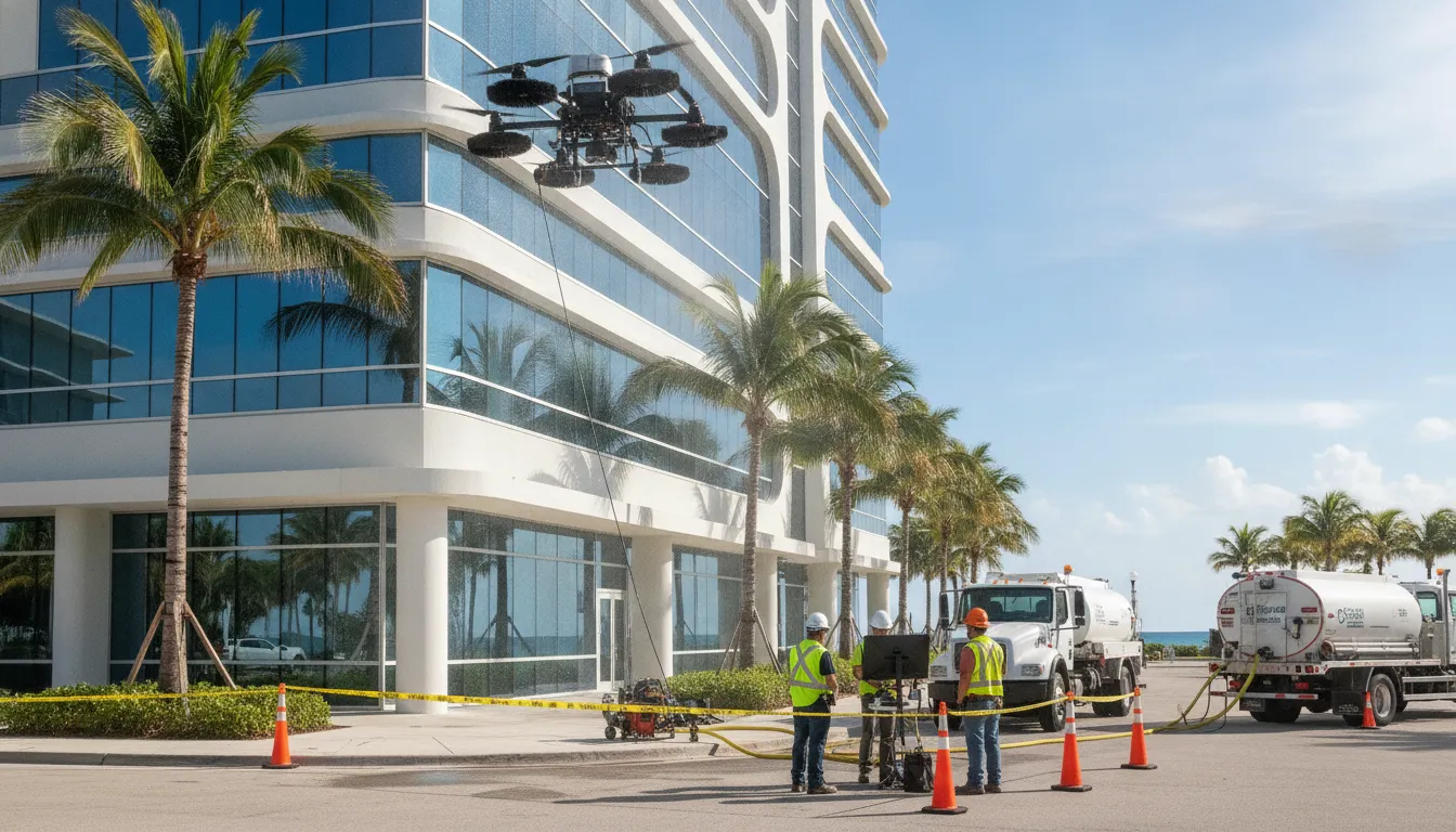 Outdoor commercial building exterior cleaning with specialized drone technology