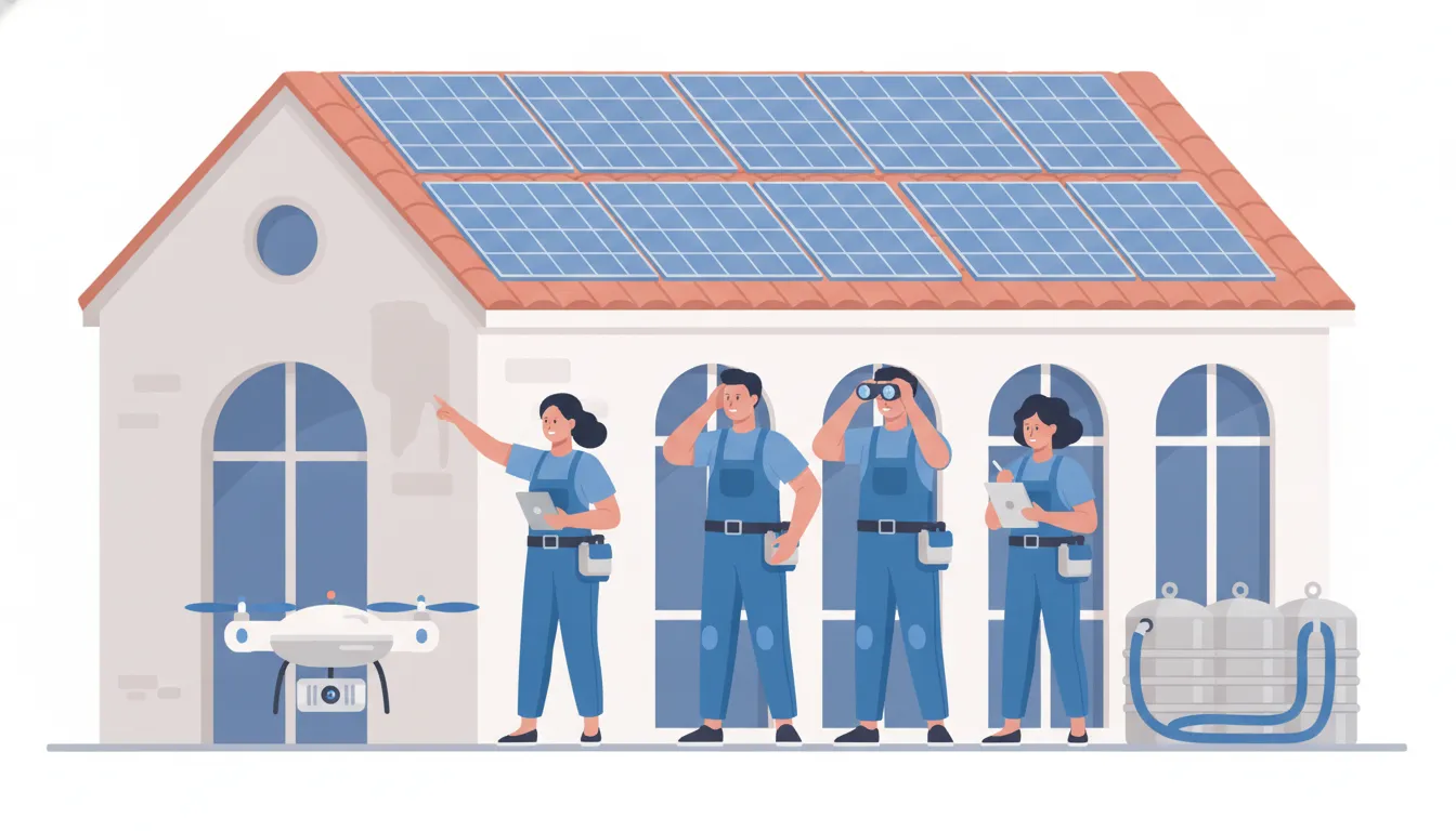 Professional window cleaning services crew reviewing a solar panel cleaning scope