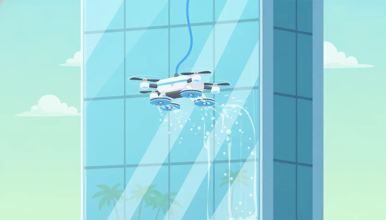 Flat vector illustration of a cleaning drone washing exterior windows of a commercial building during a recurring maintenance visit