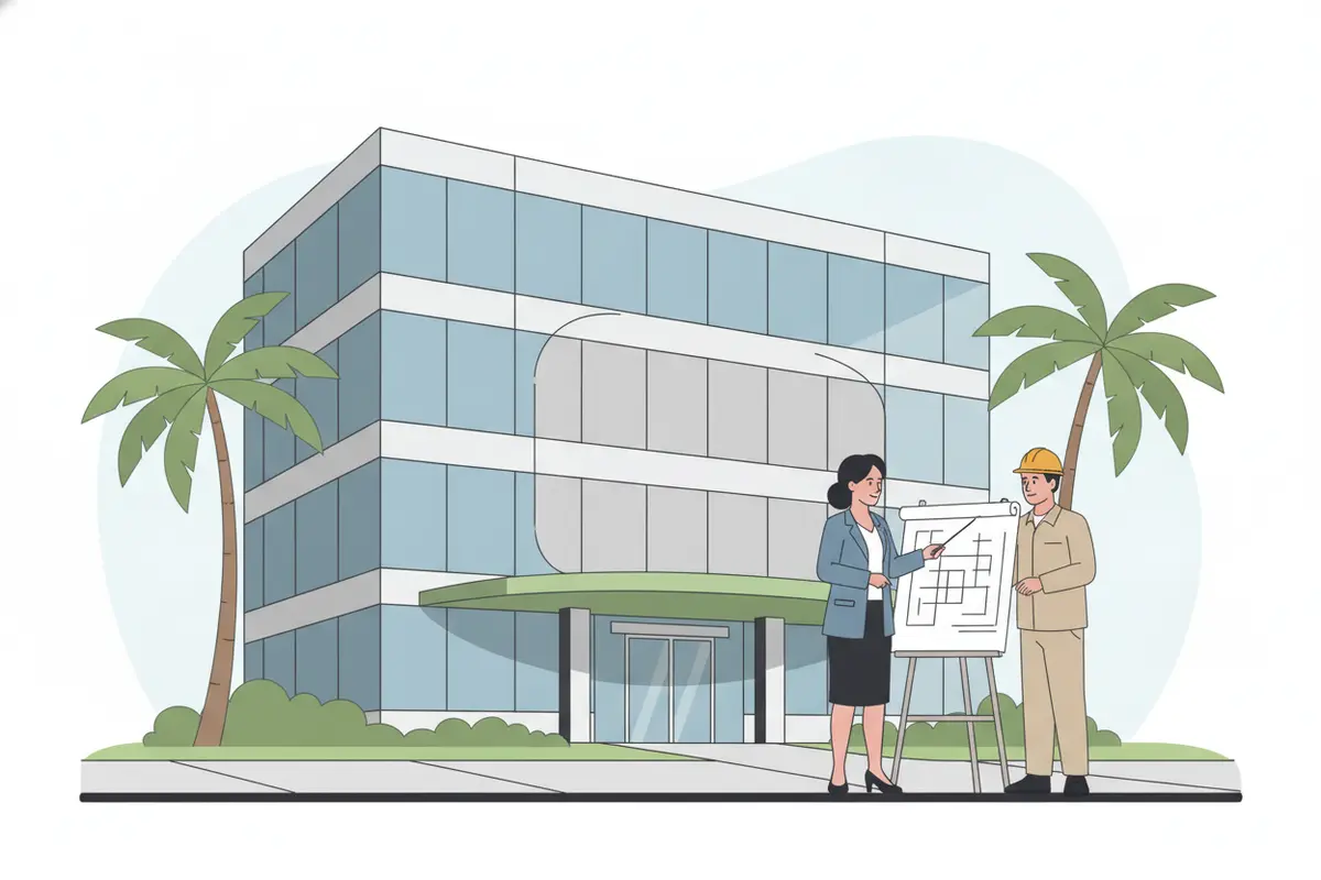 Illustration of a manager mapping windows, facade sections, and entry canopies for a commercial cleaning scope