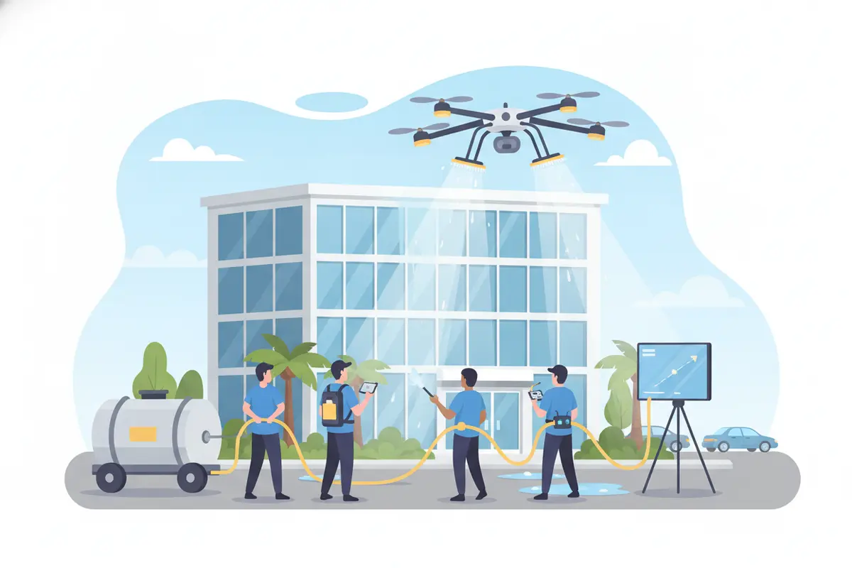 Operator guiding a drone during controlled soft washing of a commercial building exterior