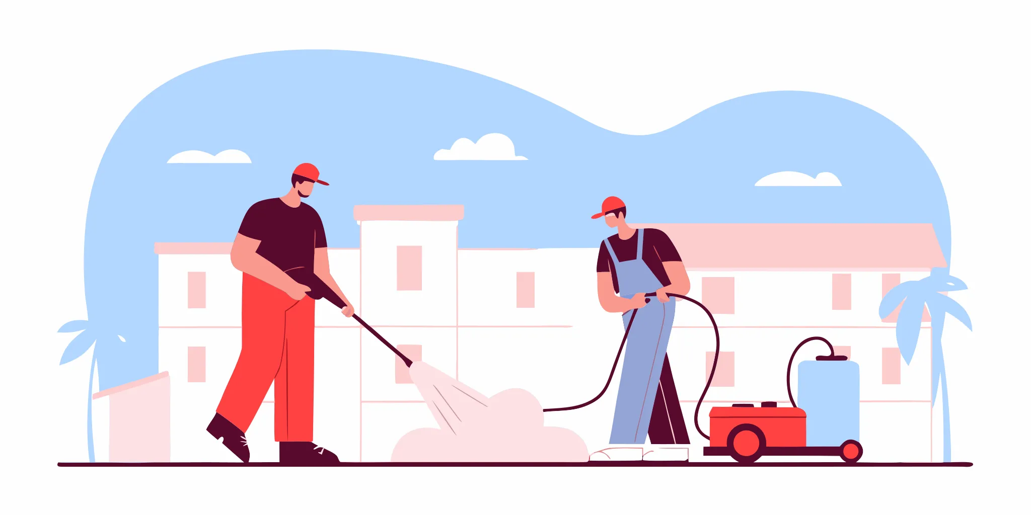 Flat vector illustration of a pressure washing crew cleaning a commercial concrete walkway in South Florida