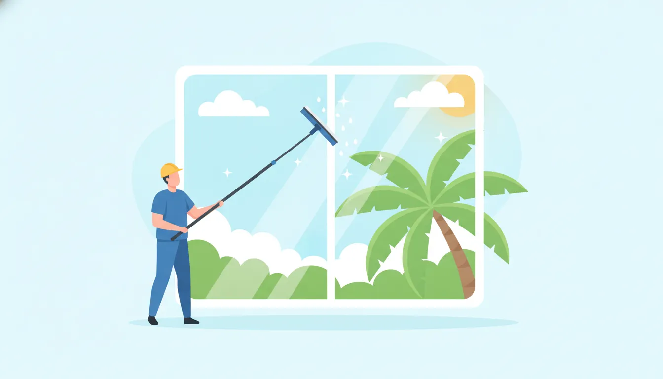 Squeegee polishing a bright, streak-free home window on a sunny South Florida day