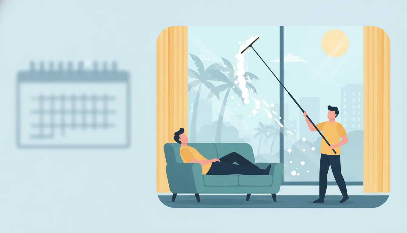Property owner relaxing while a cleaner uses a water-fed pole on bright home windows