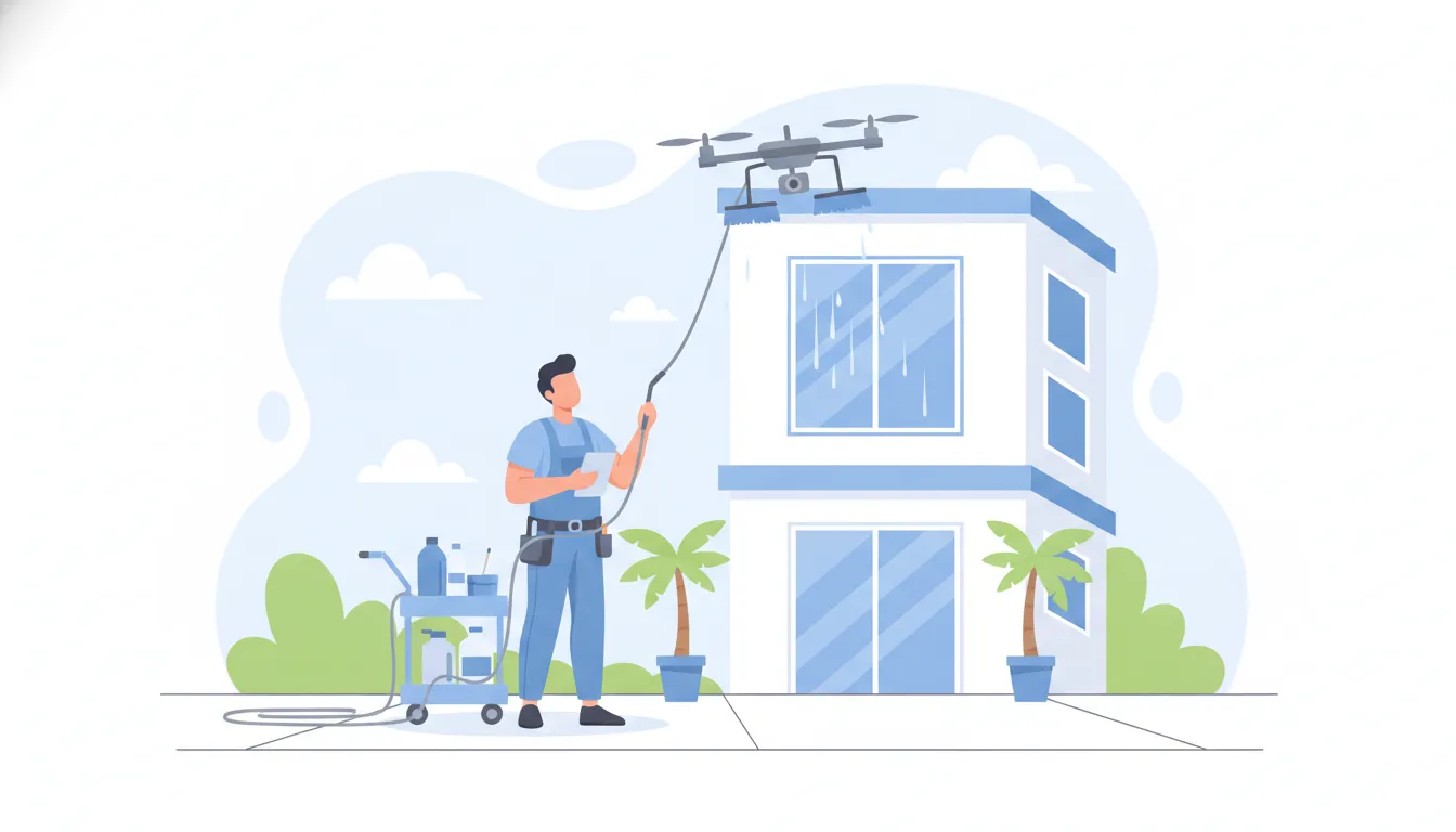 Flat vector illustration of a technician on the ground monitoring a window-cleaning drone on a low-rise building during scheduled maintenance