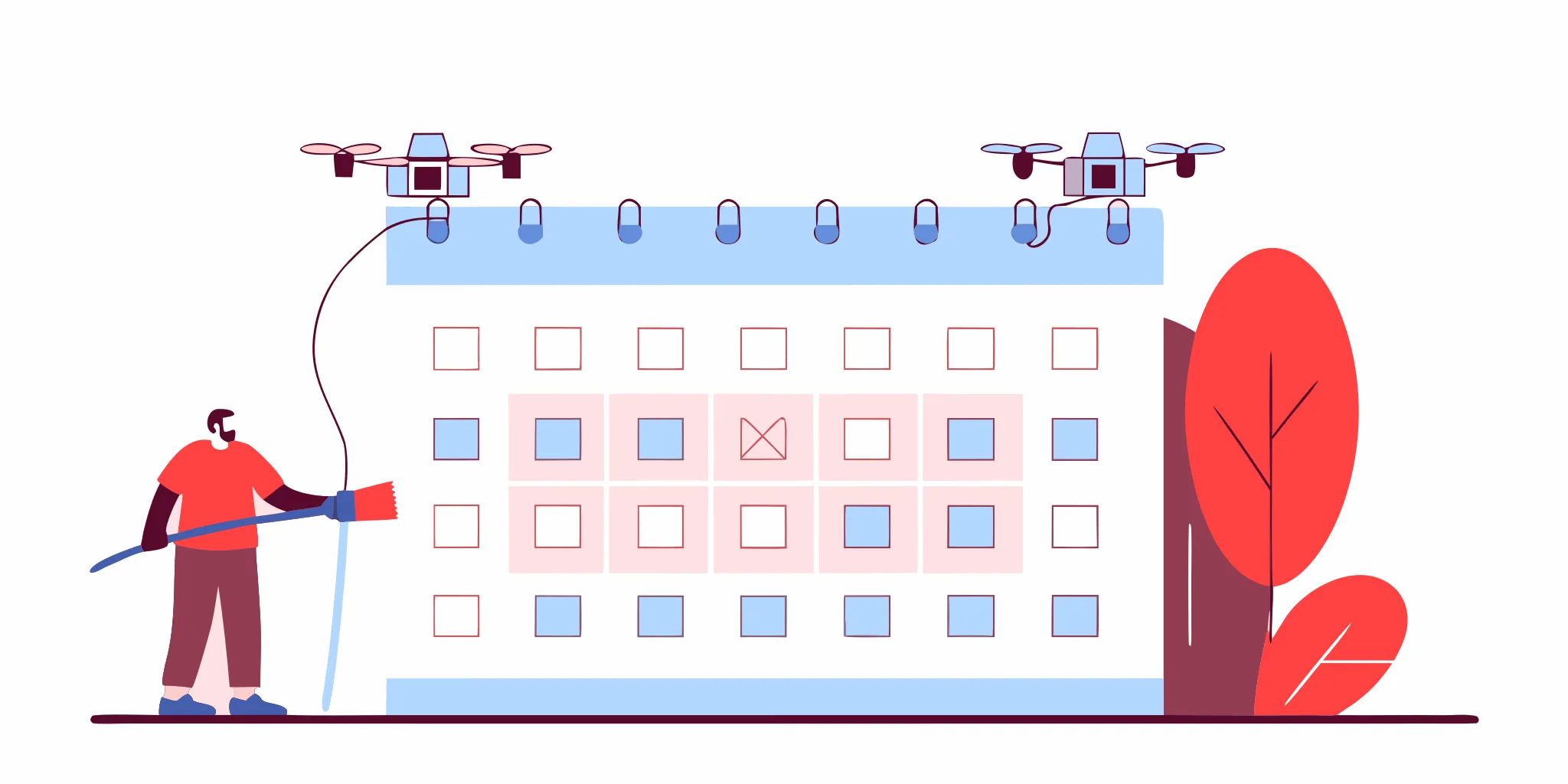 Flat vector illustration of a building maintenance schedule calendar with monthly exterior cleaning service markers and drone icons
