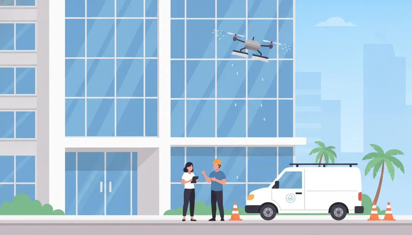 Brickell condo facade cleaning team coordinating a building work zone