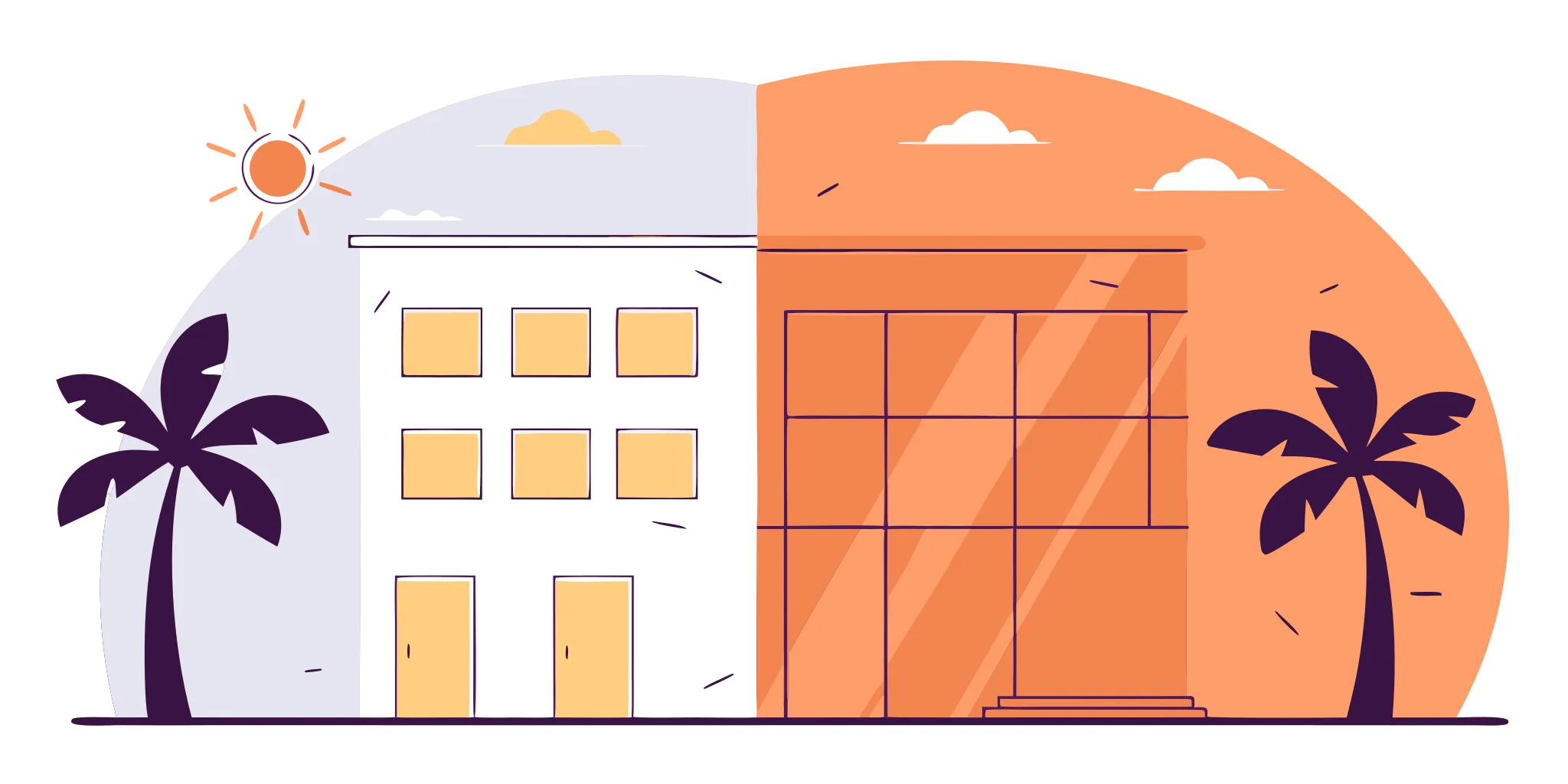 Flat vector illustration comparing a South Florida commercial building corner with dark algae and mold growth on one side versus a clean side after professional removal