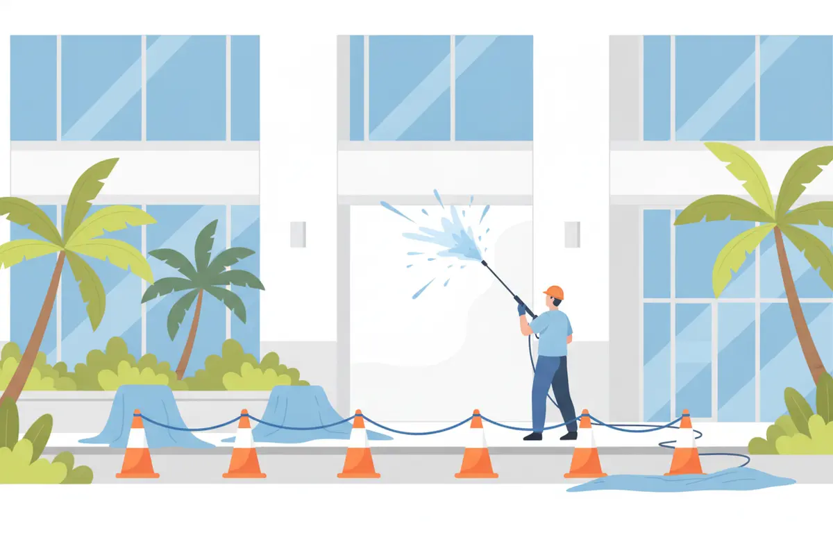Flat vector illustration of a managed commercial exterior cleaning work zone