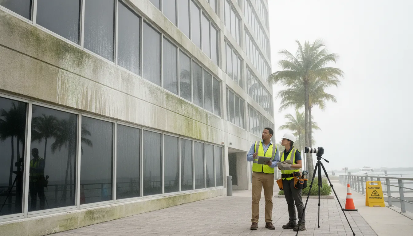 Commercial building exterior cleaning site assessment in South Florida