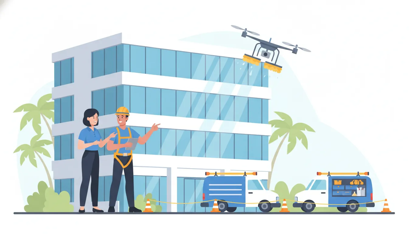 Window cleaning services inspection and quality control at a South Florida commercial building