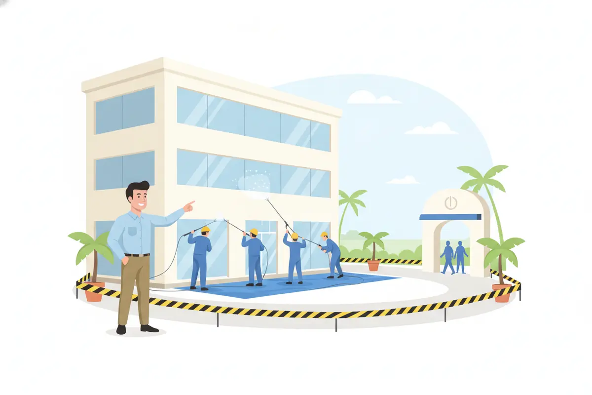 Illustration of a property manager coordinating a clearly marked exterior cleaning work area