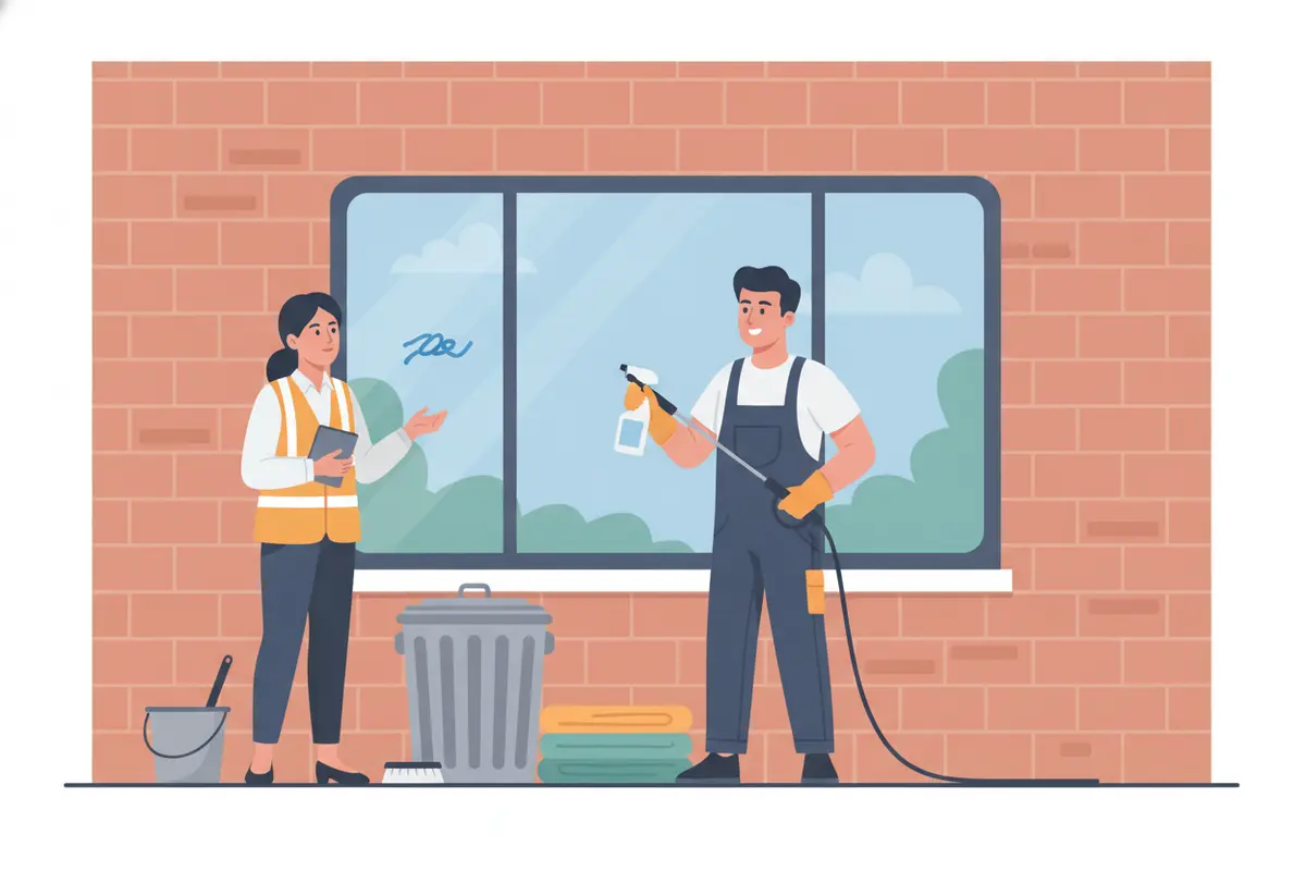 Illustration of a property manager and technician assessing graffiti on a commercial wall