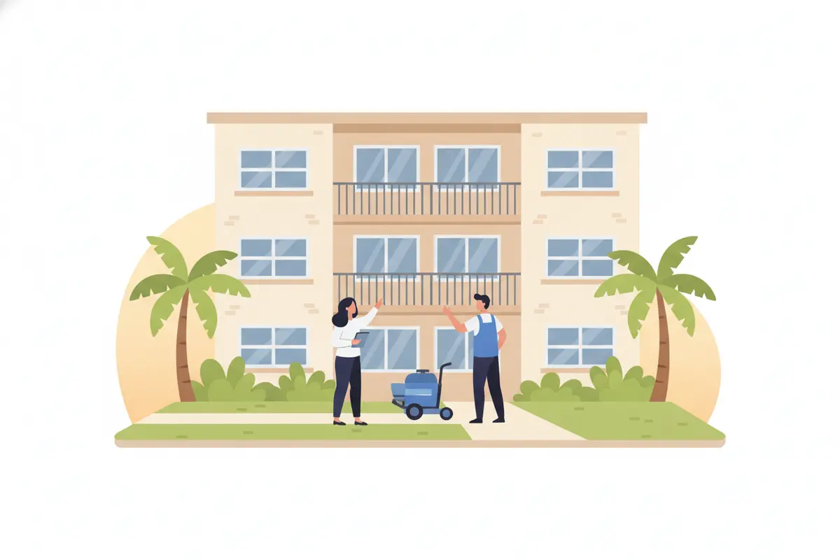 Property manager and specialist reviewing a Hollywood condo exterior cleaning plan