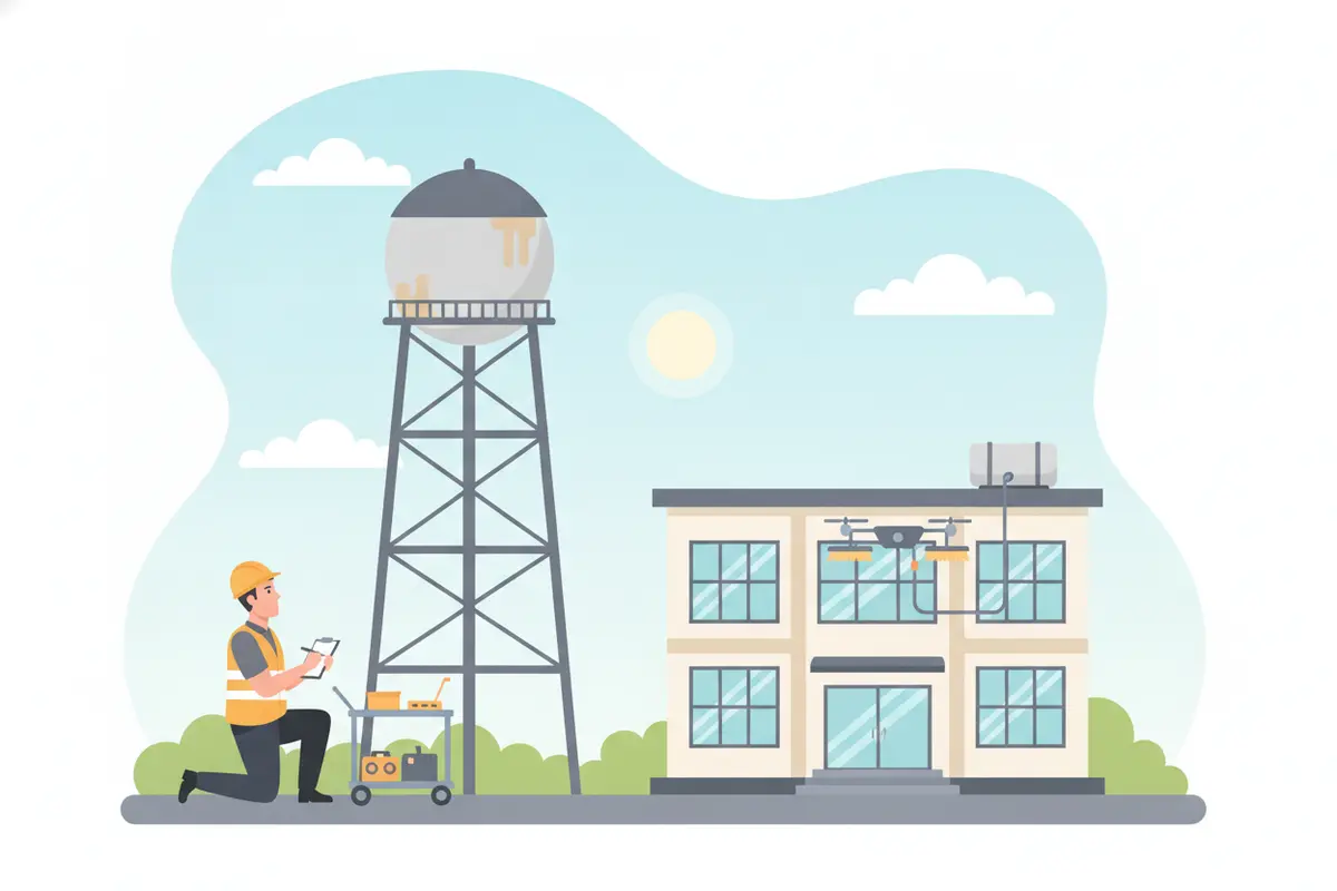 Flat vector scene showing an inspector documenting a water tower while a separate cleaning drone works on a nearby building exterior