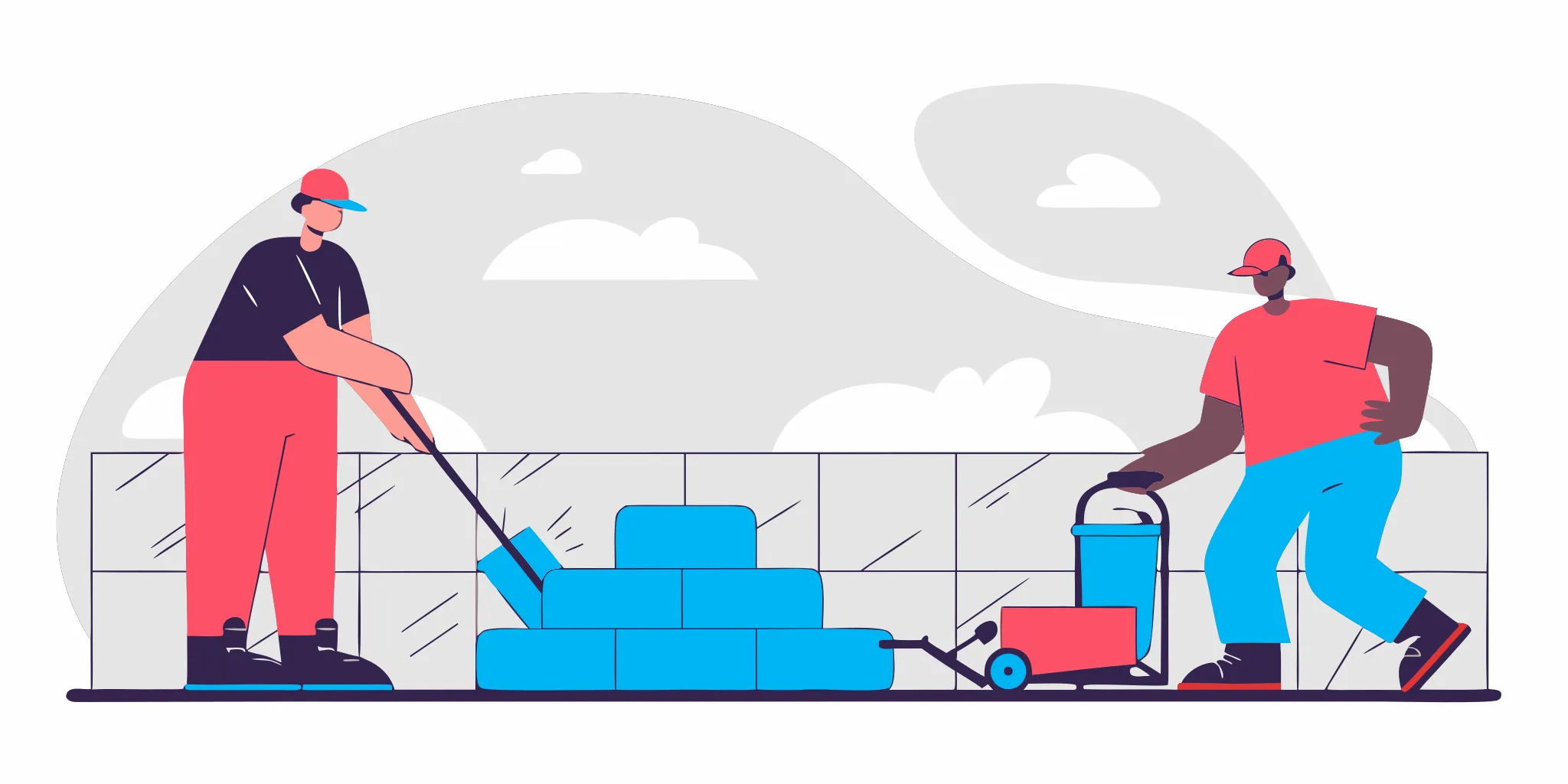 Flat vector illustration of a paver sealing process on a commercial plaza in South Florida