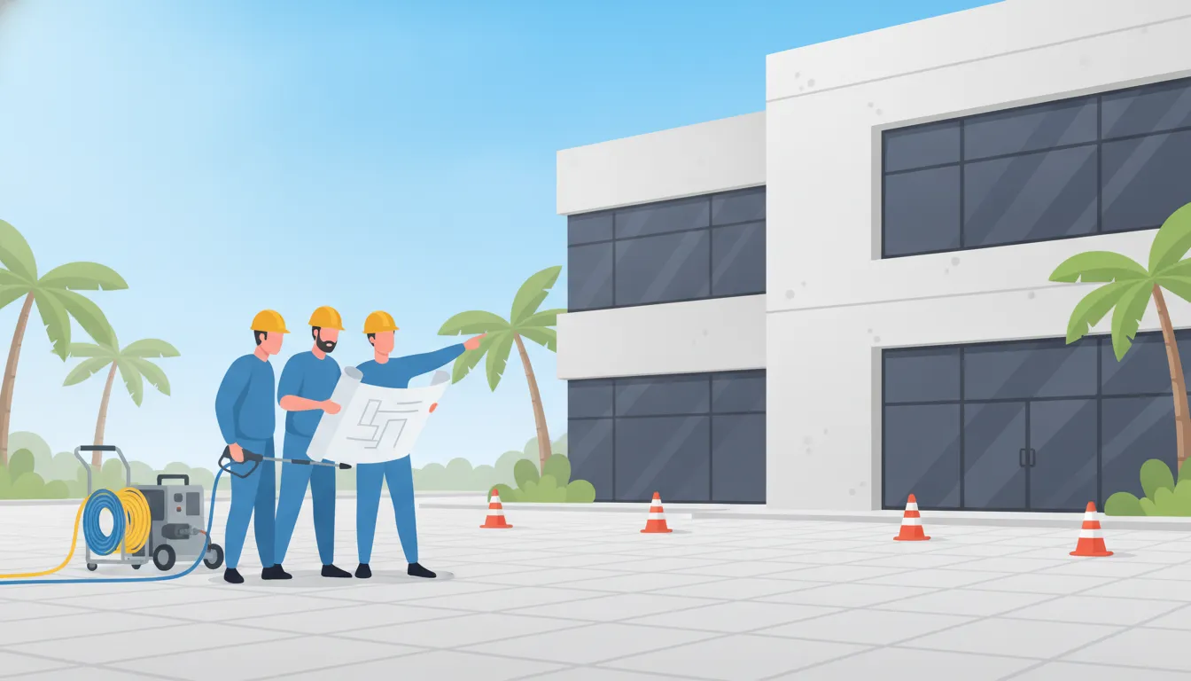 Flat vector illustration of pressure washing planned for a South Florida commercial property