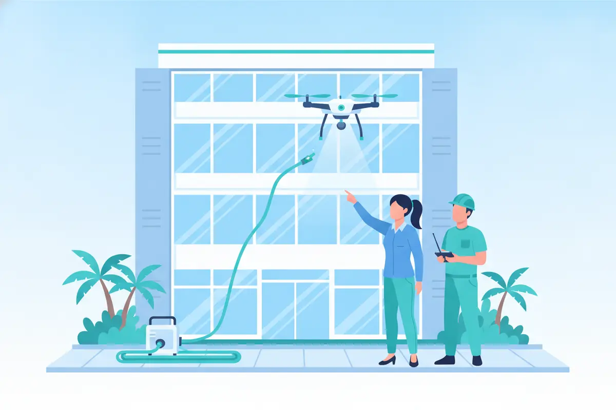 Commercial building assessment for a drone window cleaning solution