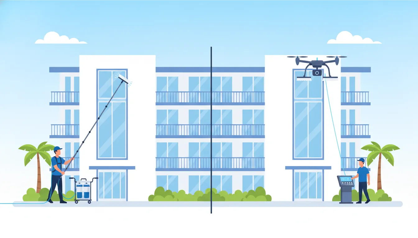 Window cleaning services methods for accessible and upper-story South Florida windows
