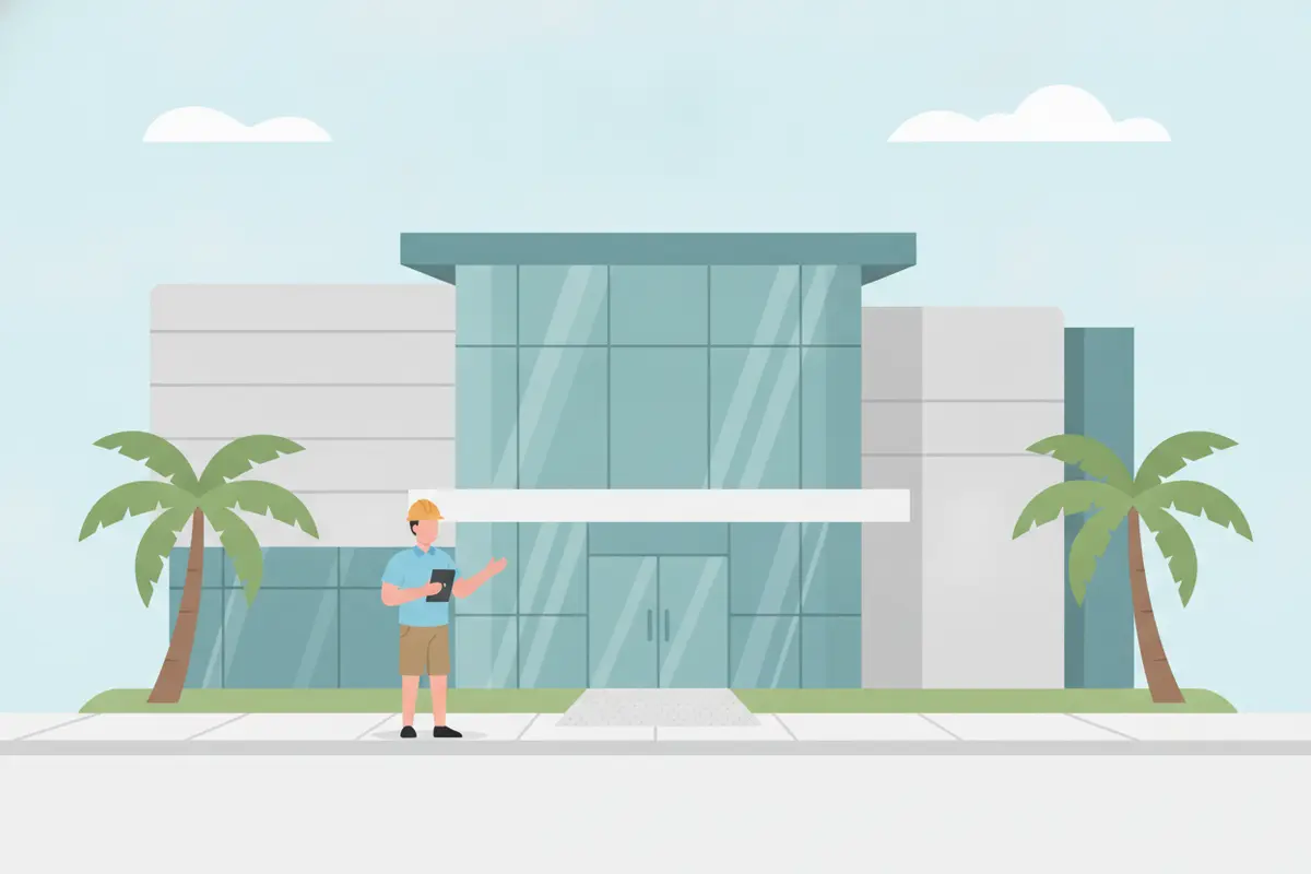 Cleaning professional assessing a commercial facade and access conditions in South Florida