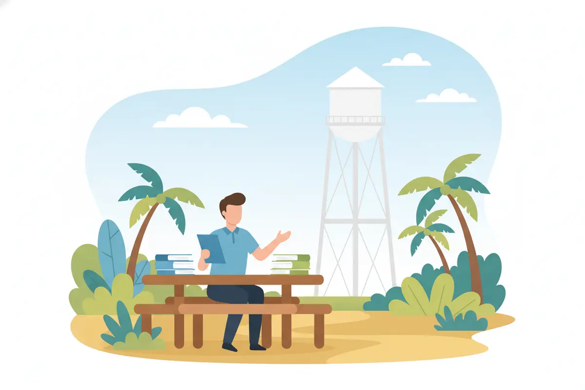 Flat vector illustration of a facility manager organizing a water tower inspection report and separate exterior cleaning records