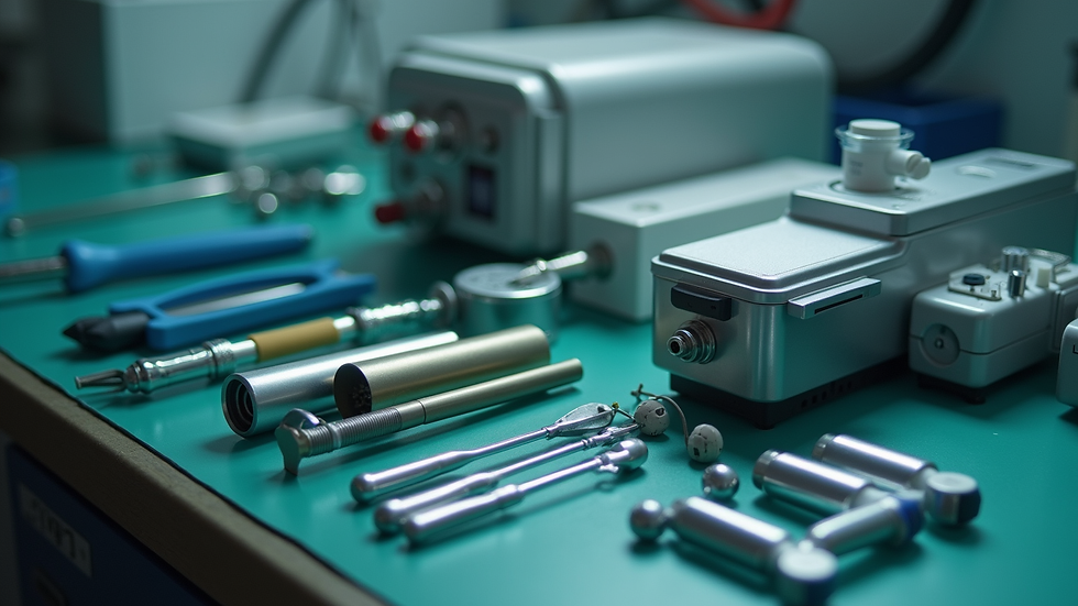 Close-up view of medical equipment maintenance tools on a workbench