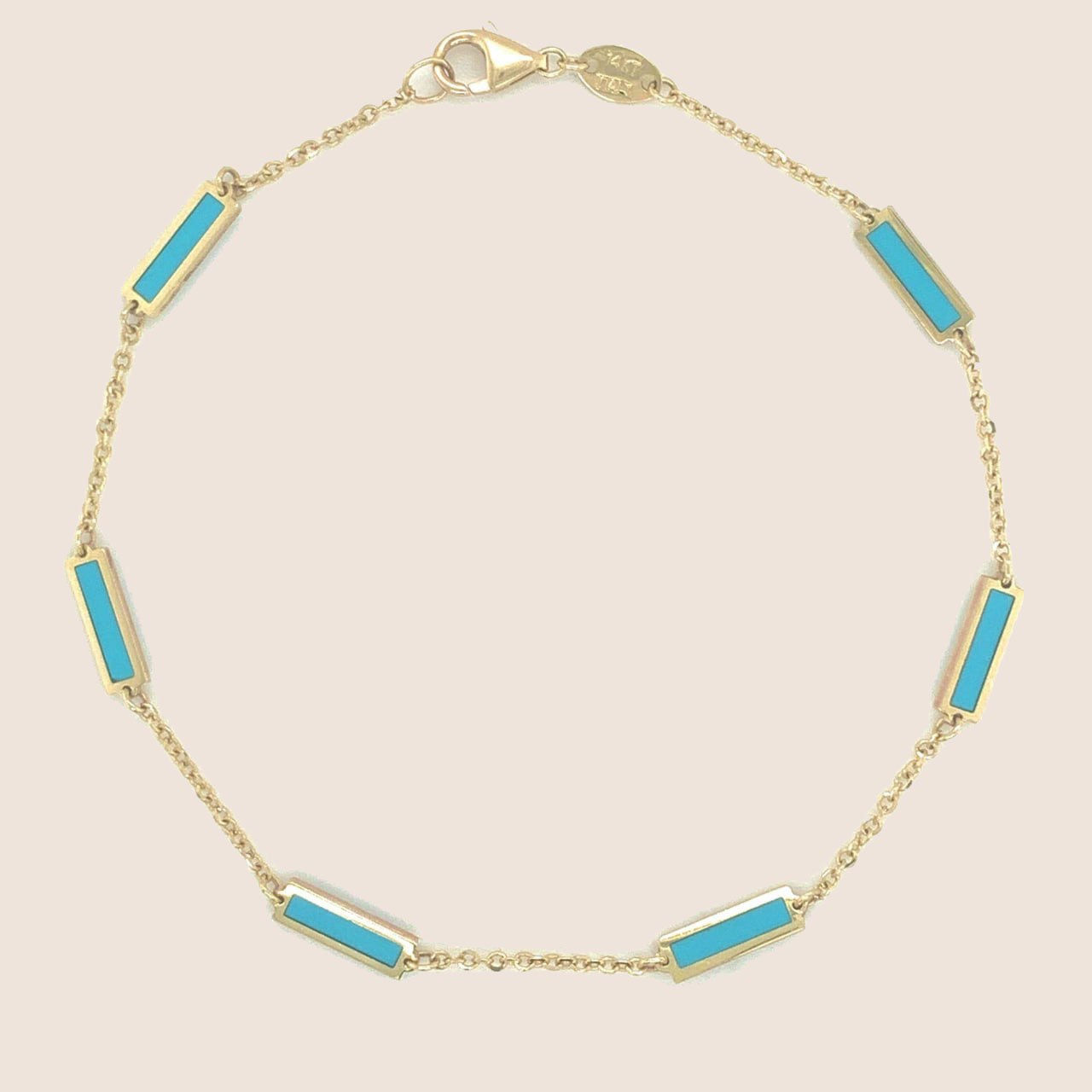 14 Karat Yellow Gold & Turquoise Station Bar Bracelet