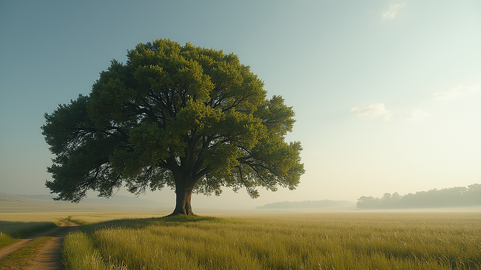 Wide angle view of a serene landscape with a prominent fig tree