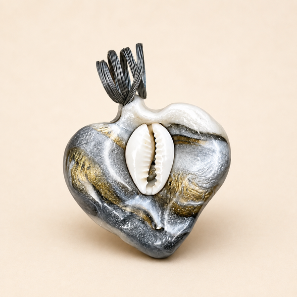 Crystal Quartz on marbelized clay Heart