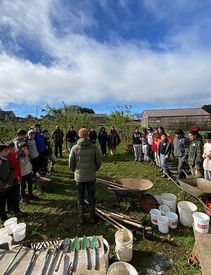 Grupo de estudiantes con herramientas en la huerta