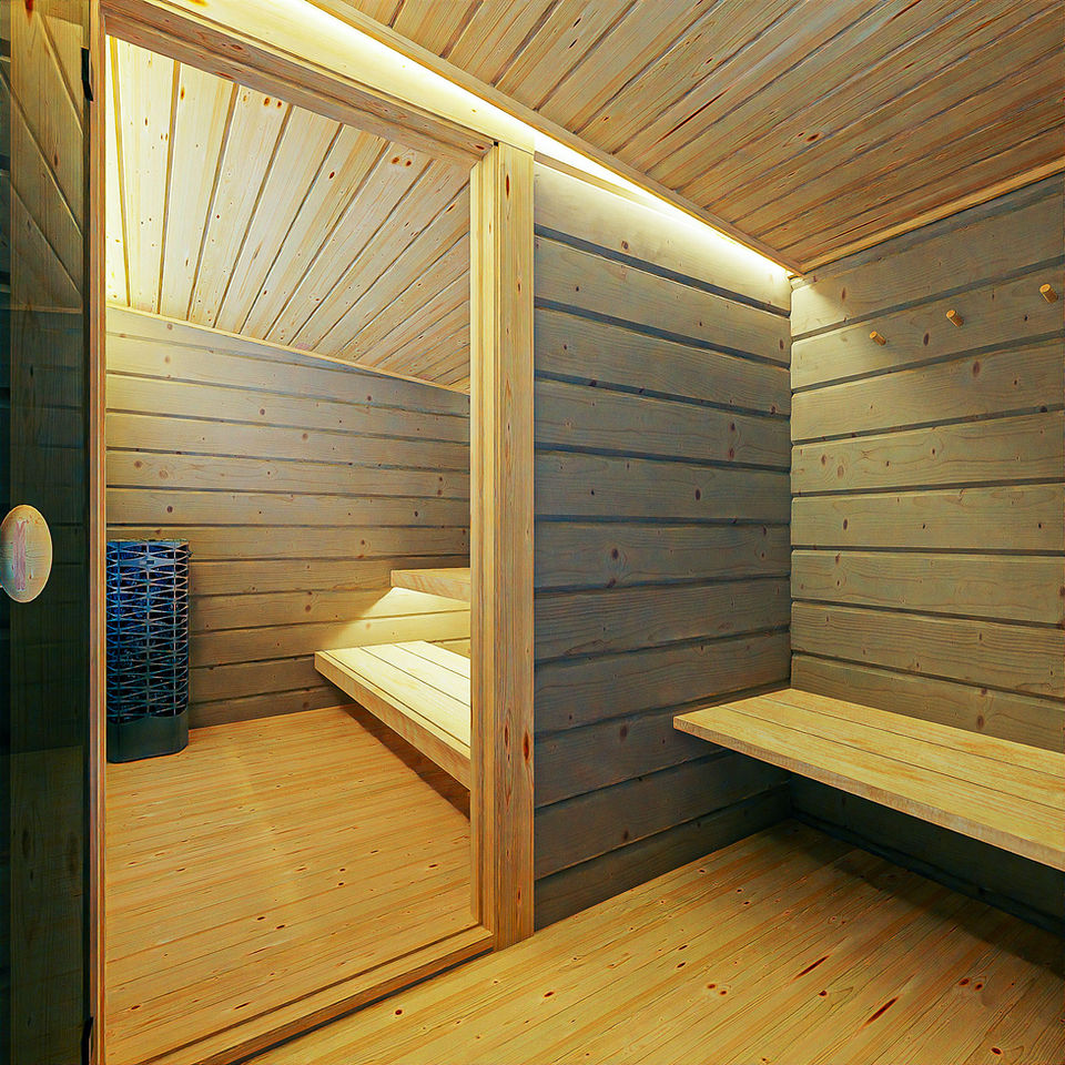 Hetki Sauna Plus interior showing Finnish log changing room and entry with view into sauna room with benches and stone heater.