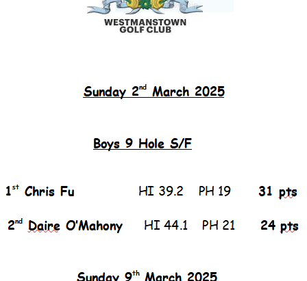 Boys Results 2nd & 9th March 2025