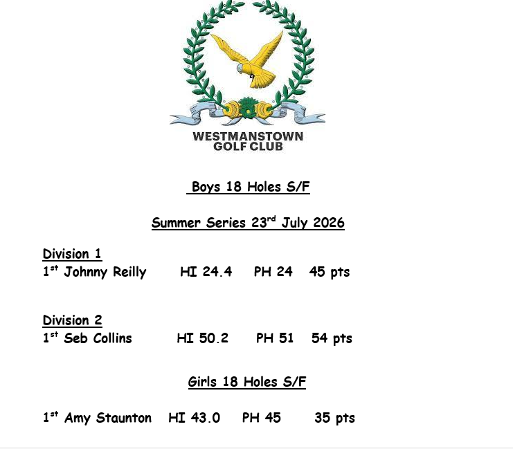 Thursday 23rd July Boys/Girls Summer Series 18 Holes S/F