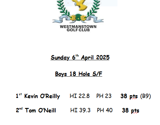 Sunday 6th April Boys 18 Holes S/F