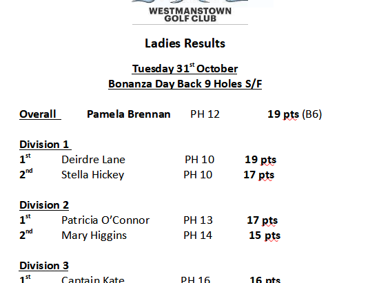 Tuesday 31st October Bonanza Day Back 9 Holes S/F