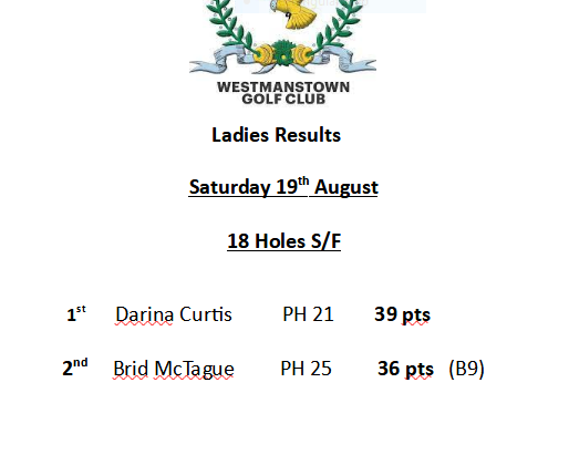 Saturday 19th August Ladies 18 Holes S/F