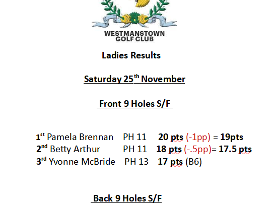 Saturday 25th November Ladies Front & Back 9 Holes S/F