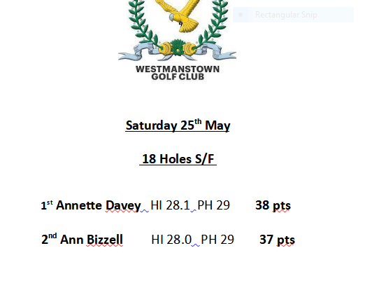 Saturday 25th May Ladies 18 Holes S/F