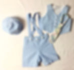 blue shorts, suspenders, cap, and vest for baby