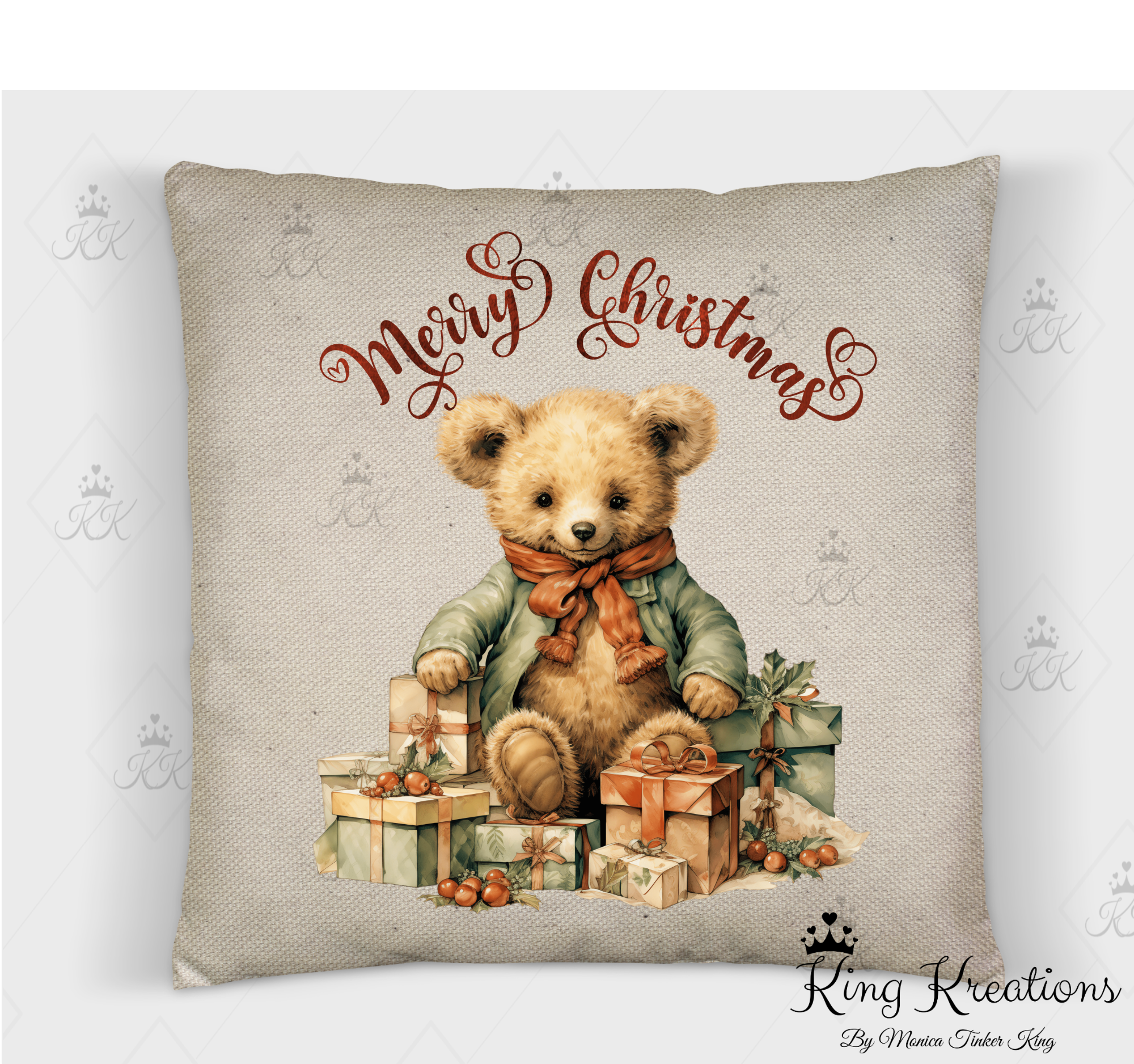 Teddy Bear Christmas Pillow Cover, faux burlap