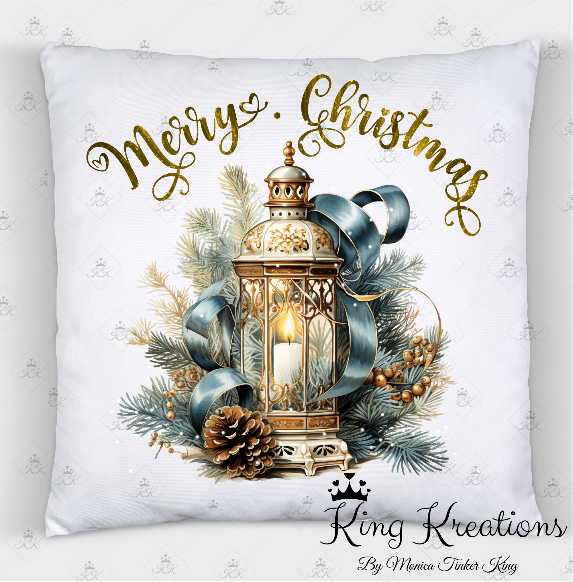 Christmas Blue Lantern Pillow Cover, white canvas