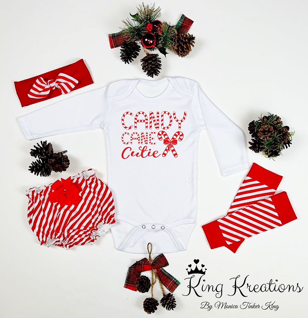 Candy Cane Cutie Christmas Onesie, bloomers, leg warmers, and headband
