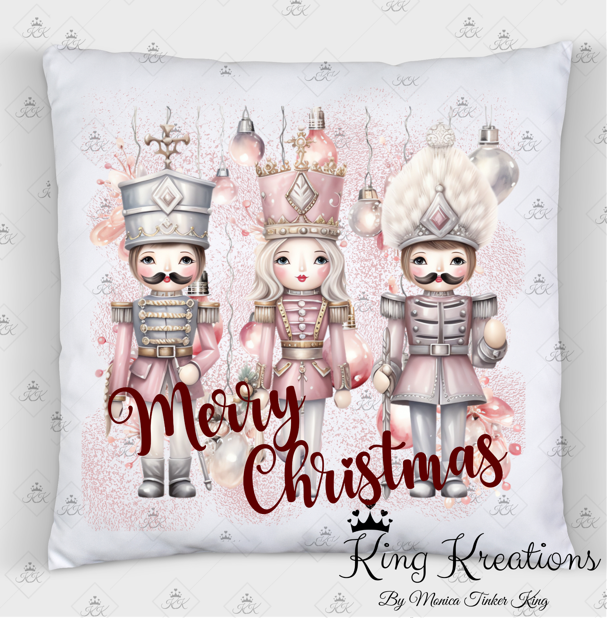 Pink Soldiers Christmas Pillow Cover, white canvas