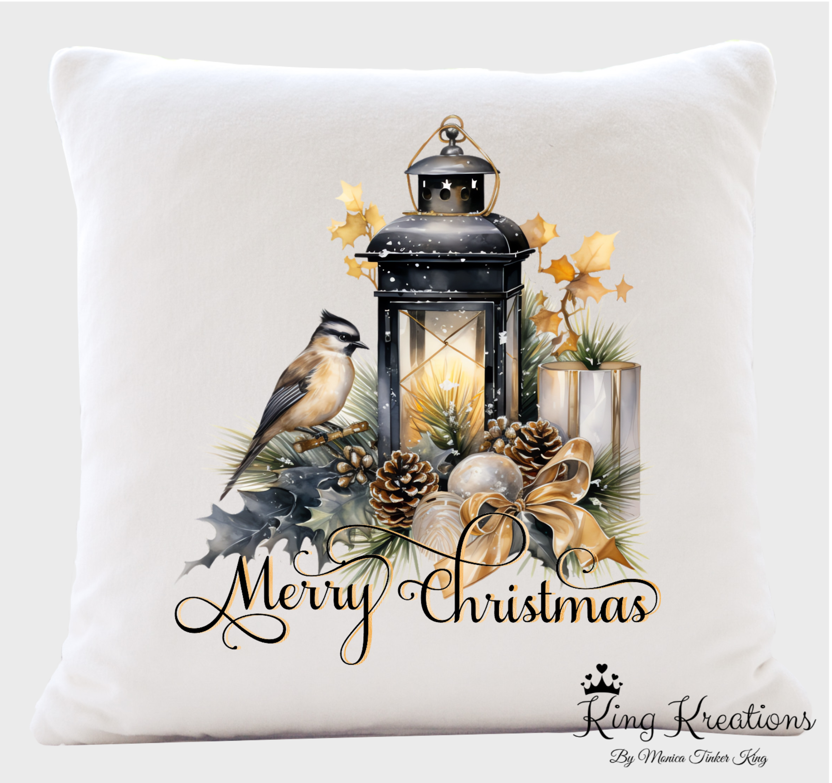 Black and gold lantern with bird on Christmas pillow, white plush