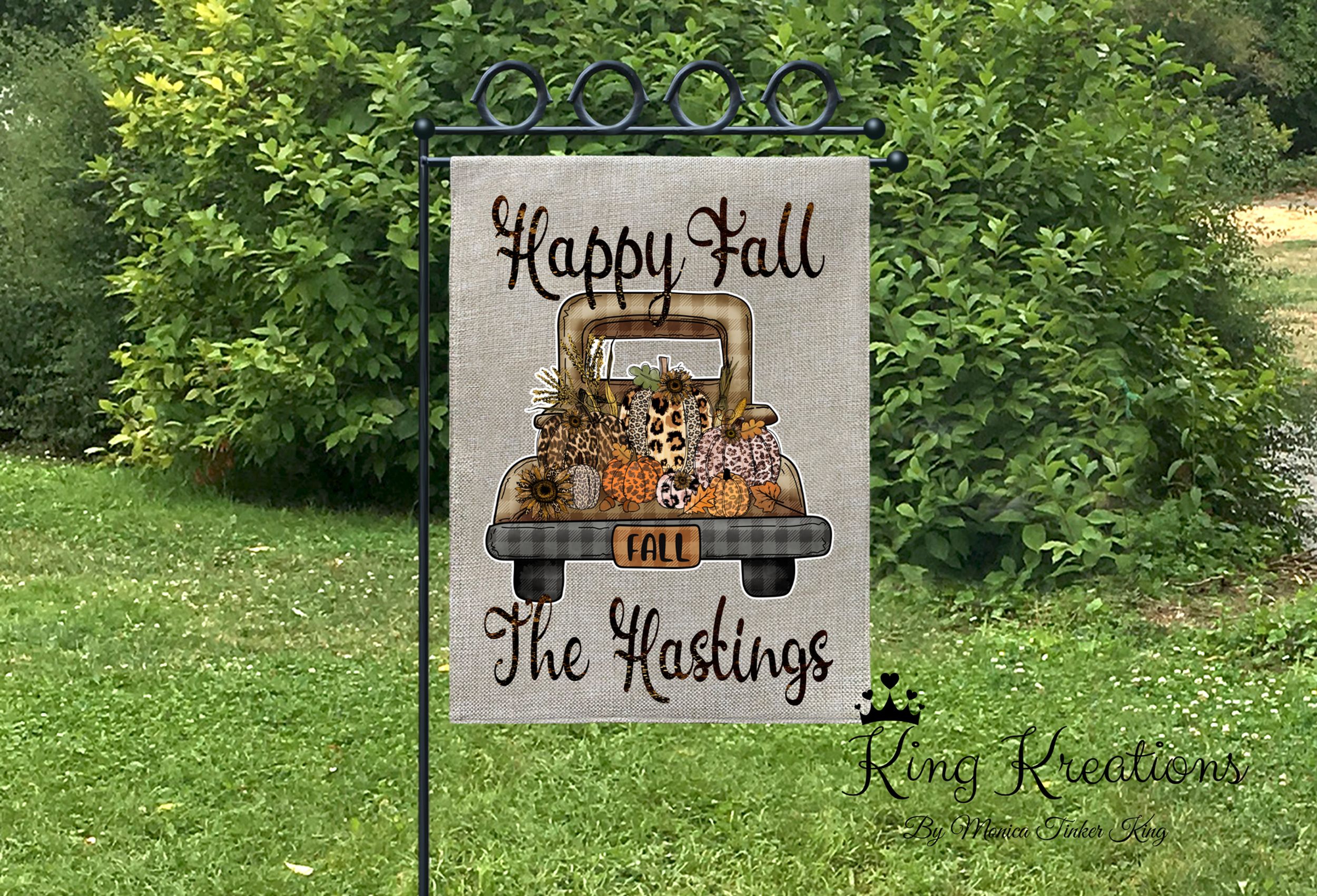 Personalized Fall Garden Flag, Vintage Brown Truck and Pumpkins