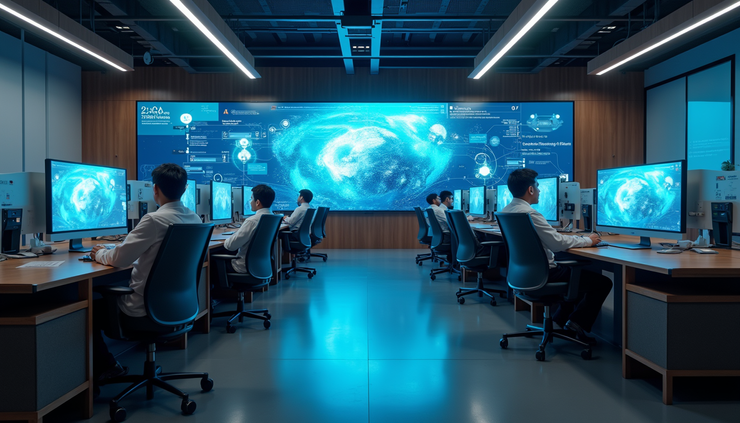 Vue en plongée d’une salle de formation équipée de technologies interactives