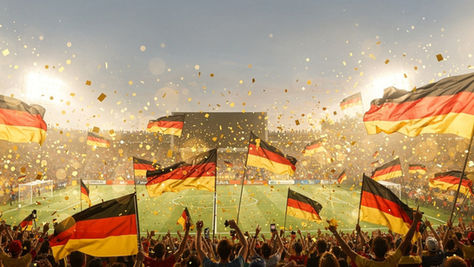 Jubelnde Zuschauer mit Deutschlandflaggen mit Sicht auf das Fußballstadium