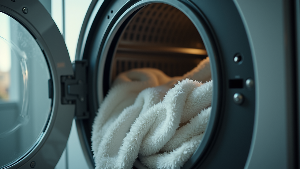 Eye-level view of a dryer with clothes inside