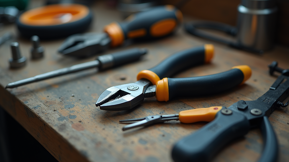 Eye-level view of a toolkit with screwdrivers and pliers on a workbench