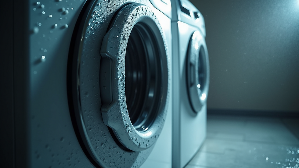 Close-up view of a washing machine door with water droplets